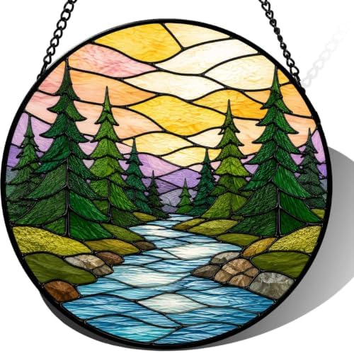 Stained Glass Suncatcher Forest River Window Hanging, Nature Landscape Art Decor, Unique Gift for Mom, Grandma, Housewarming Gift, Home Office Wall Ornament Panel 9.8 Inch by Unknown
