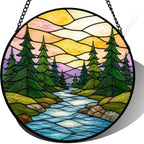 Stained Glass Suncatcher Forest River Window Hanging, Nature Landscape Art Decor, Unique Gift for Mom, Grandma, Housewarming Gift, Home Office Wall Ornament Panel 9.8 Inch by Unknown