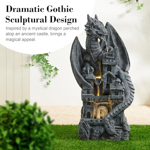 Glitzhome 4-Tiered Cascading Outdoor Water Fountain for Garden Patio Yard Mystical Gothic Dragon Water Fountains Outdoor with LED Lights & Pump, Large Floor Stand Fountain Dragon Waterfalls 36.5" H - Image 3
