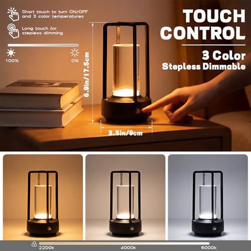 6 Pack Portable Metal Table Lamp LED Rechargeable Cordless Table Light Battery Operated Desk Touch Lamp 3 Color Stepless Dimming Light for Home Outdoor Camp Patio Bar Restaurant(Black) - Image 2