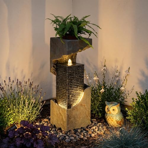 Modern Rectangular Water Fountain Outdoor with LED Lights & Planter Top, 35.4" Tall Resin Cascading Waterfall Feature for Patio Backyard Garden Décor, Outdoor Water Feature by Bumilgar