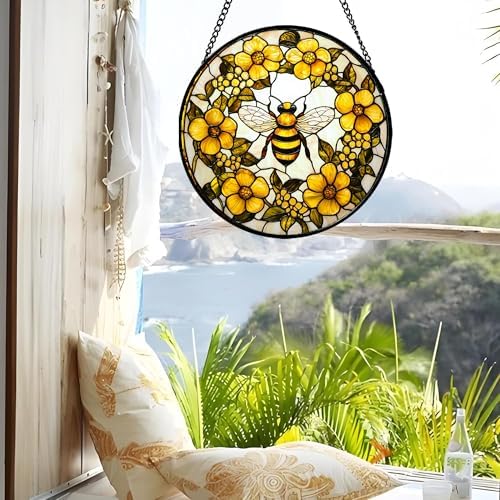 Bee Wreath Stained Glass Window Hanging Suncatcher Gifts for Women 12" - Image 4