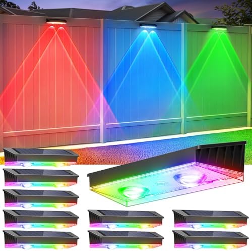 Solar Fence Lights Outdoor, 10 Pack Warm White/RGB Fence Solar Lights with 2 LED, IP65 Waterproof, Backyard Patio Decor for Deck, Wall, Railing, Pool, Stair by Etetale