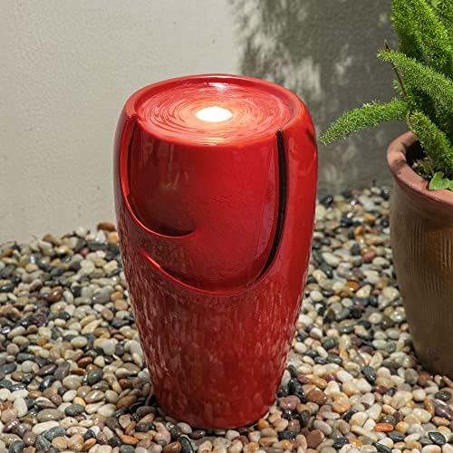 Glitzhome 21.25" H Ceramic Vase Outdoor Water Fountain Tall Patio Garden Water Fountain with LED Light and Submersible Pump Yard Art Decor, Red - Image 2