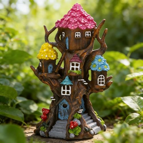 Solar Fairy House 11.8” Tall Fairy Garden House for Outside, Large Fairy Garden Treehouse Accessories Outdoor, Gnome House Garden Statue Fairy Tree House, for Home, Yard, Balcony Decor - Image 2