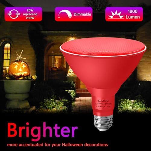 Gonhom PAR38 Flood Lights Outdoor,Dimmable LED Flood Light Bulbs,20W(Equivalent to 200W),E26 Base,Outdoor Porch,Holiday Lighting,LED Flood Light Bulb for Halloween,Christmas,4 Pack Red - Image 3