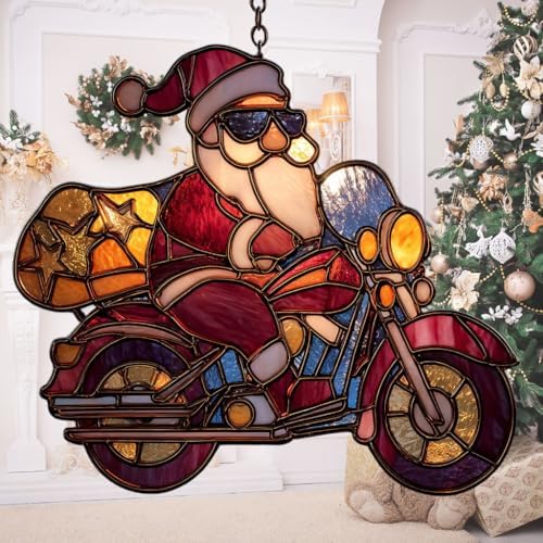 Cool Santa Riding Motorcycle Mosaic Acrylic Suncatcher by AVAGAN