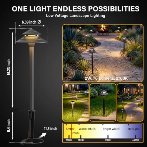 GOLDEN STAR Low Voltage Pathway Lights, 2W 70LM 12V Two-Tier Pagoda Landscape Lighting, 2700K Warm White Outdoor Walkway Garden Lights with Connectors and Stakes, 2 Pack 9128-21601-G02 - Image 2