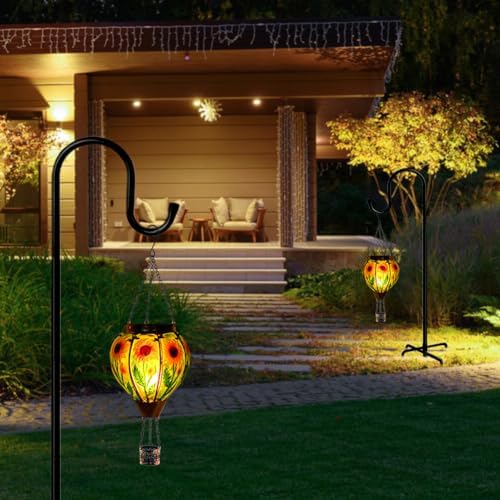 Starsoul 2 PC Sunflowers Hot Air Balloon Solar Lantern with Flame Glass Hanging Outdoor Hot Air Balloon Solar Light Waterproof Garden Patio Yard Party Decorations - Image 5