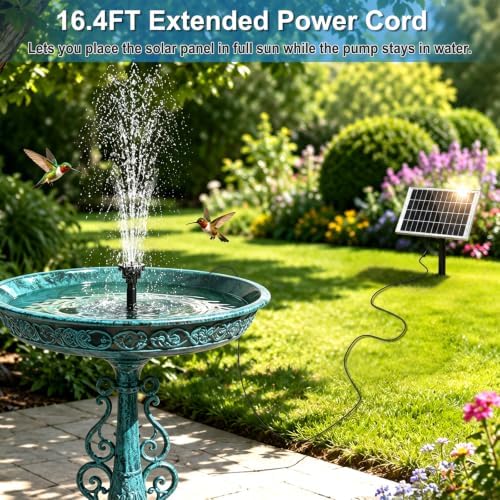 7.5W Solar Fountain Pump, Independent Solar Panel Bird Bath Fountain with 6 Nozzles, 6.56FT Water Hose & 16.4FT Power Cord, DIY Adjustable Water Feature Pump for Garden Pond Patio Decoration - Image 4