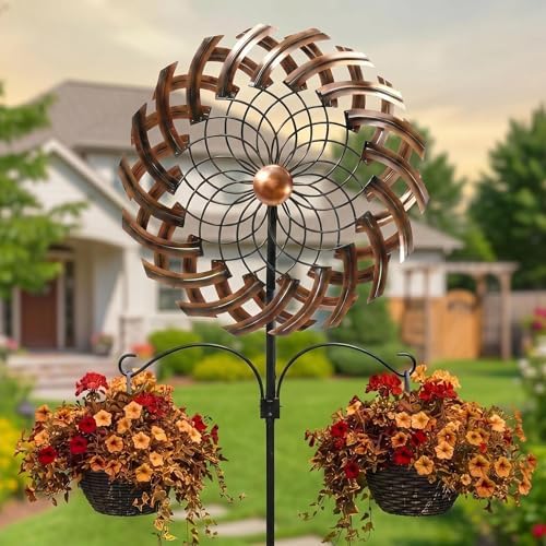 Large Metal Wind Spinner Outdoor, 96'' Adjustable Height with 24'' Sickle Blades, Water Ripple Motion & Smooth 360° Rotation, Weatherproof Garden Decor for Patio Lawn Backyard (Bronze) by VinSees