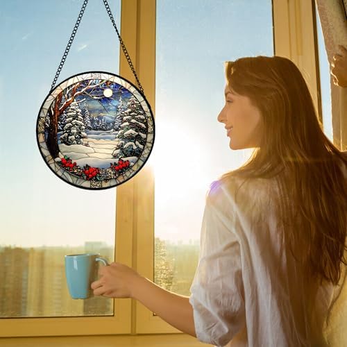 Winter Snow Night Scenery Stained Glass Window Hanging Suncatcher Gift 9.8" - Image 2