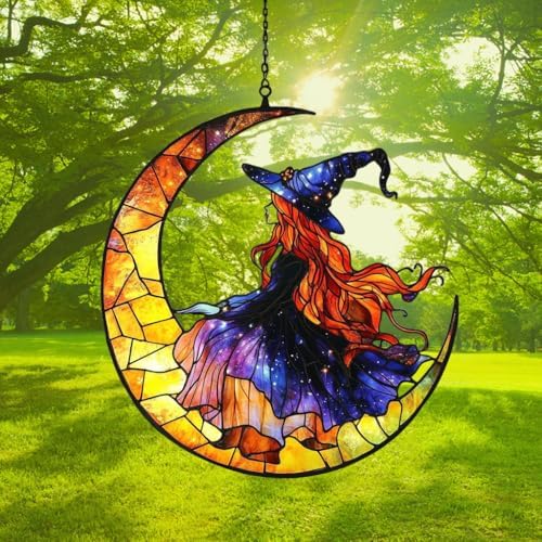 Witch on Crescent Moon Mosaic Acrylic Suncatcher - Image 3