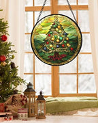 Green Christmas Tree Gold Ribbon Stained Glass Window Hanging Gifts 15" - Image 3