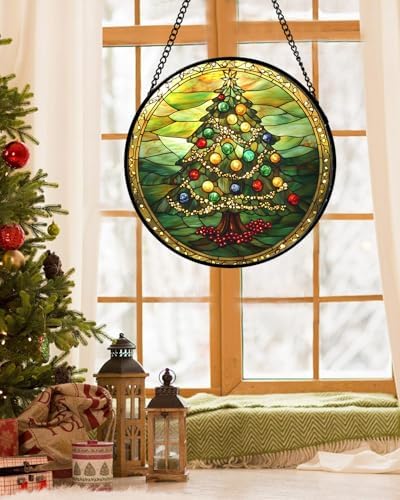 Green Christmas Tree Gold Ribbon Stained Glass Window Hanging Gifts 15" - Image 3