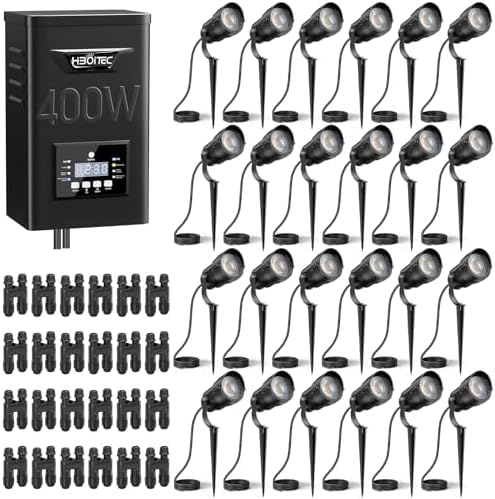 HIBOITEC 24 Packs Low Voltage Landscape Lights Kit with 400W Transformer, Dusk to Dawn & Timer, 12W 2900K Waterproof LED Outdoor Spotlights for Yard Garden Tree House Uplighting, Wire Sold Separately by HIBOITEC