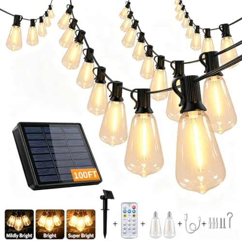 Solar String Lights Outdoor Waterproof, 100FT Solar Powered Outdoor Lights with Remote, 52 Shatterproof with Edison Bulbs, LED String SolarLights for Garden, Backyard, Parties by CRLIVOING