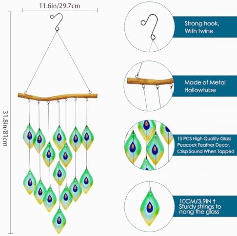 Handmade Peacock Feathers Glass Wind Chimes – Sea Glass Garden Windchimes for Outside, Hand-Painted Glass Suncatcher, Durable - Image 4