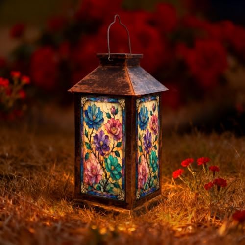 Solar Lantern Vibrant Stained Glass Floral Outdoor Waterproof Garden Hanging Lantern Solar Powered Lighting Outside Solar Light for Patio Yard Camping, Gifts for Women Mom by Unknown