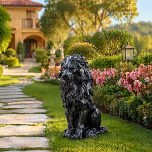 20.7" Black Lion Statue Outdoor Decor, Resin Sitting Lion Sculpture, Majestic Guardian Animal Figurine for Garden, Patio, Porch, Entryway, Courtyard, Lawn & Indoor Home Decoration - Image 4