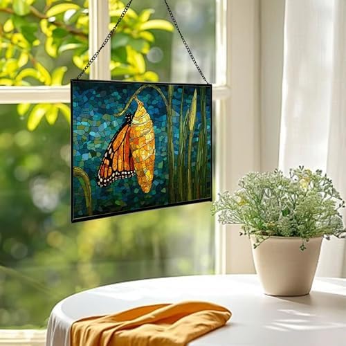Butterfly Emerging from Chrysalis Rectangular Stained Glass Suncatcher – Hanging Window Panel with Animal & Nature Scene – Vibrant Glass Art Gift for Wildlife, Fantasy, Nature Lovers XGNTPJ - Image 2
