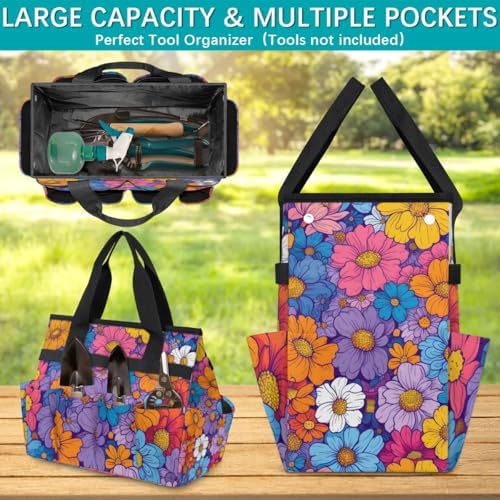 Garden Tool Bag Organizer Garden Tote Bag with Pockets Rainbow Flowers Tool Storage Organizer Gardening Tool Kit Holder 13" x 6.8" x 2.8" - Image 4