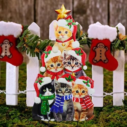 Cat Christmas Garden Stakes 30in Metal Santa Hat Stacking Yard Decor by YNGFIL