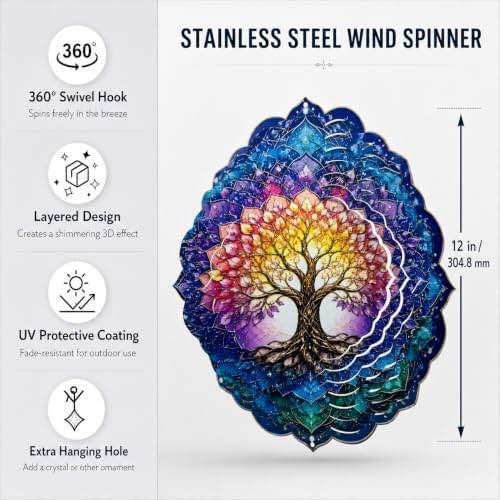 Shwing 12 Inch Wind Spinner Tree of Life Hanging Decor Colorful Spiritual Metal Ornament Outdoor Kinetic Garden Art 3D Wind Spinner for Patio Porch Balcony Backyard Meditation Decoration - Image 6