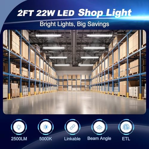 hykolity 4 Pack Linkable LED Shop Light for Garage, 2FT 22W Utility Light Fixture, 2500lm, 5000K Daylight LED Workbench Lighting with Power Cord, Hanging or Flush Mount, White - ETL - Image 2