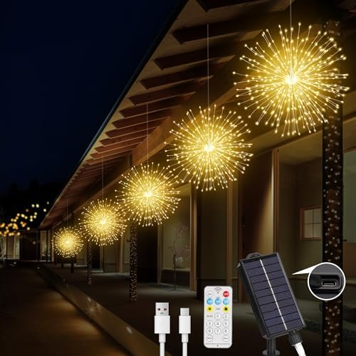 Solar Christmas Firework Lights Outdoor, 5 Pack 1000LED Solar Starburst Lights with Remote, 8 Modes Dimmable Waterproof Hanging Fairy Lights for Garden, Patio, Holiday Christmas Decor (Warm White) by MERRIMAXM