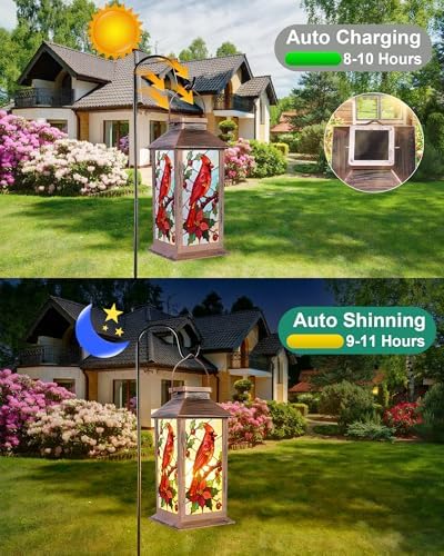Fussion Solar Lanterns Outdoor Waterproof Garden Decor Birthday Gifts for Women Mom Grandma Sister, Hanging LED Plastic Solar Lights Outside Gardening Decorations for Yard Patio - Cardinal - 1 Pack - Image 4