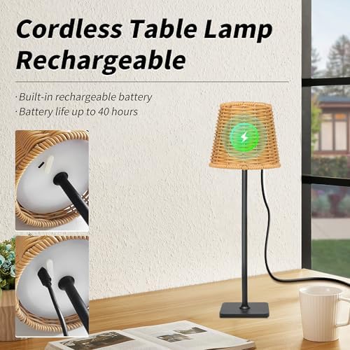Mr.White Set of 2 Waterproof Outdoor Rechargeable Cordless Table Lamp with Wicker Shade, for Patio Restaurant Kitchen (Black) - Image 4