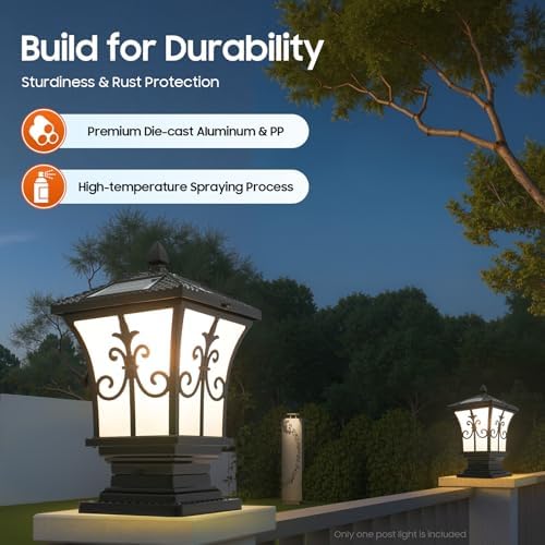 Solar Post Light with Remote Control, Outdoor Column Pillar Lamp Dusk to Dawn IP44 Waterproof for Yard, Garden, Porch, Adjustable Color Temperature, Black Modern Design (5.9x5.9x14.96in) - Image 3