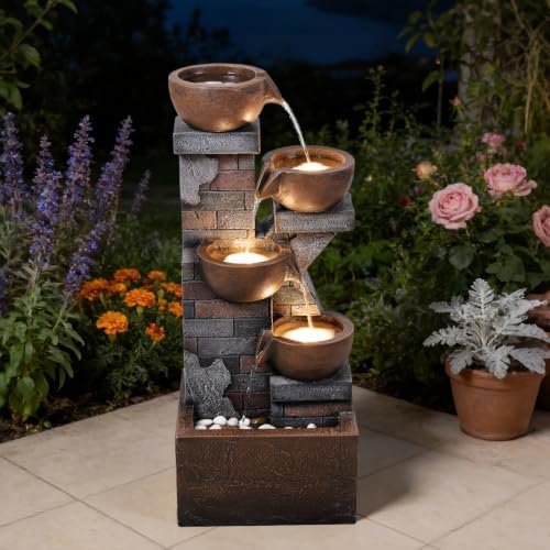 33.5" H Outdoor Water Fountain, 4-Tier Cascading Waterfall Fountain with Warm LED Lights, Vintage Brick Design for Garden, Patio, Backyard Decor by Unknown