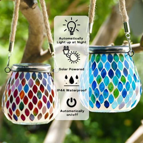 2 Pack Mosaic Blue & Red Solar Lanterns, Outdoor Glass Hanging Lights, Waterproof, Solar Table Lamps, Christmas Gifts for Women Mom Grandma, Night Lights, Decoration for Garden, Patio, Outdoor Decor - Image 2