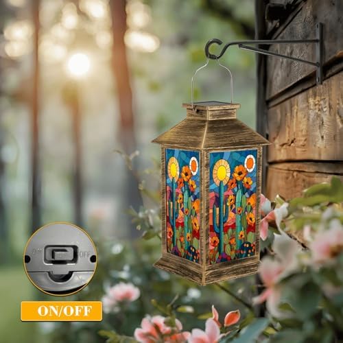 Solar Lantern Outdoor Waterproof Stained Glass Desert Scene Bright Orange Flowers Under Sunlit Sky Garden Decor LED Hanging Solar Lights Tabletop Lamp Gifts for Women Mom Outside Yard Patio Porch - Image 5