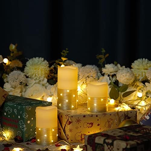 H-BLOSSOM Flickering Flameless Candles Ivory Real Wax Pillar with Embedded String Lights LED Candles Battery Operated with 10 Key Remote and Cycling 5H Timer Set of 3 (3" x 4"/5"/6") (Gold) - Image 3