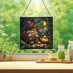 Gnome Tea Time Stained Glass Suncatcher – Square Hanging Window Panel for Home or Greenhouse – Whimsical Glass Art Gift for Garden Lovers, Christmas, Halloween, Father Days NlL056 - Image 2
