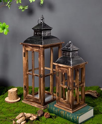 Large Farmhouse Decorative Wooden Lanterns Set of 2, Rustic Burnt Wood Floor Lanterns, Indoor/Outdoor Hurricane Lanterns for Home Decor (No Glass) - Image 2