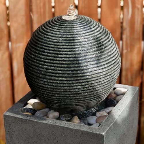 Glitzhome Modern Geometric Outdoor Water Fountain with LED Light, Oversized Pedestal Water Fountains with Submersible Pump, Sphere Floor Standing Fountain with Pebbles for Garden Patio Decor, 40.5”H - Image 6