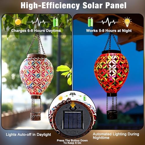 SAVENNA Mosaic Glass Hot Air Balloon Solar Lantern, Flickering Flame Effect Hanging Solar Light, Multicolor Projection for Garden Patio Yard Outdoor Decor - Image 3