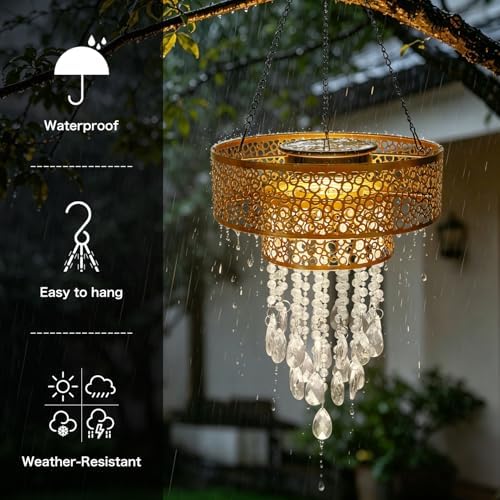Solar Powered Hanging Chandelier Gold Metal Frame Acrylic Crystal Waterproof Outdoor Hanging Light for Patio, Wedding, Party, Garden Decor Rechargeable LED Pendant Lamp with Auto On/Off - Image 3