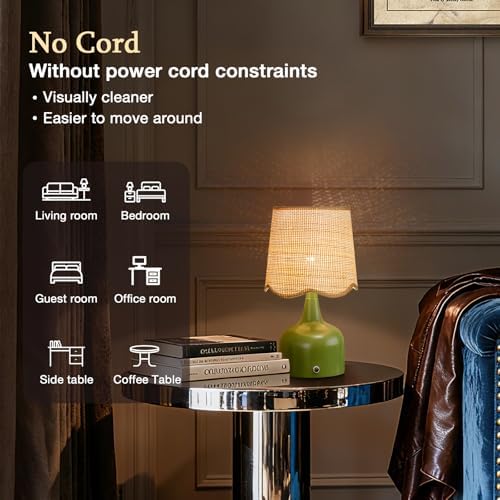 Cordless Boho Table Lamp Green, Scalloped Wicker Shade, 5200-mAh Rechargeable Battery, 3-Way Dimmable, Build-in Integrated LED 320 Lumen Max, for Bedside Living Room - Image 3