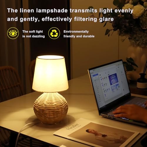Rattan Small Table Lamp, Boho Farmhouse Style, Cotton Linen Lamp Shade, 6.2×6.2×11.8 Inch, with E12 LED Warm Light Bulb - Image 4