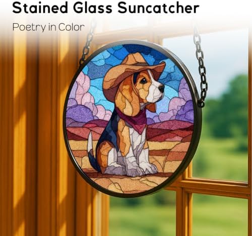 Stained Glass Window Hanging， Beagle Dog in Cowboy Hat Sun 11.8in Catchers Indoor Window， Core Decor Inside and Outside The Cottage，Gifts for Women - Image 2