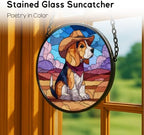 Stained Glass Window Hanging， Beagle Dog in Cowboy Hat Sun 11.8in Catchers Indoor Window， Core Decor Inside and Outside The Cottage，Gifts for Women - Image 2