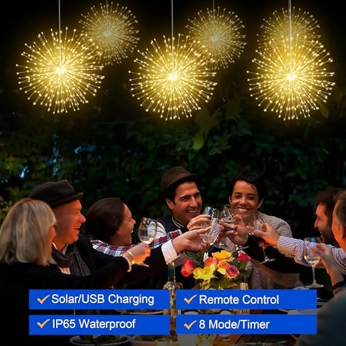 Solar Christmas Firework Lights Outdoor, 5 Pack 1000LED Solar Starburst Lights with Remote, 8 Modes Dimmable Waterproof Hanging Fairy Lights for Garden, Patio, Holiday Christmas Decor (Warm White) - Image 3