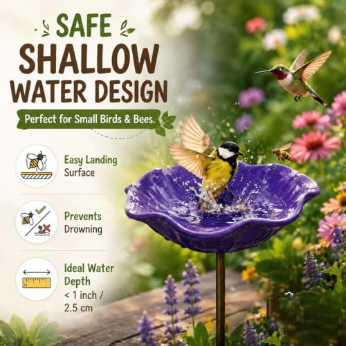Handmade Metal Flower Bird Bath, Bee & Butterfly Watering Station, Decorative Outdoor Garden Stake with Vibrant Glossy Bowl for Yard Patio Lawn Planter - Image 4