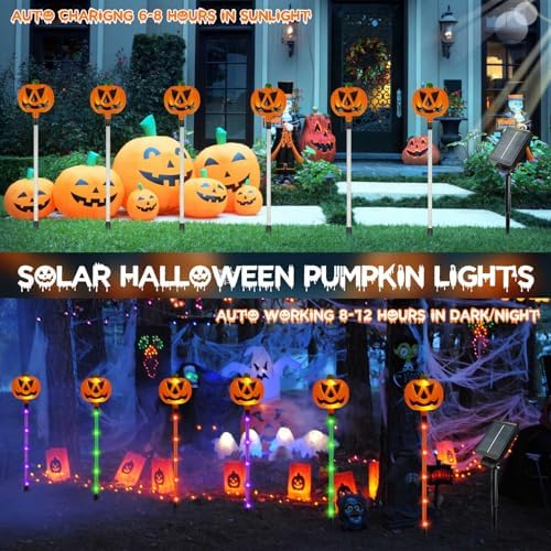SANJICHA 12 Pack Solar Pumpkin Lights Outdoor Waterproof for Halloween Decorations, Solar Torch Lights with Flickering Flame Larger Size Solar Flame Lights - Image 3