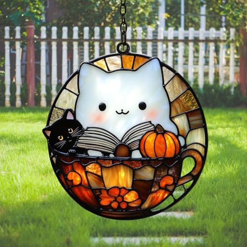 Cute Ghost and Cat Reading Book Acrylic Suncatcher by AVAGAN